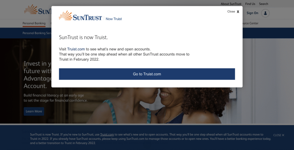 Screenshot of SunTrust.com at Truist Merger