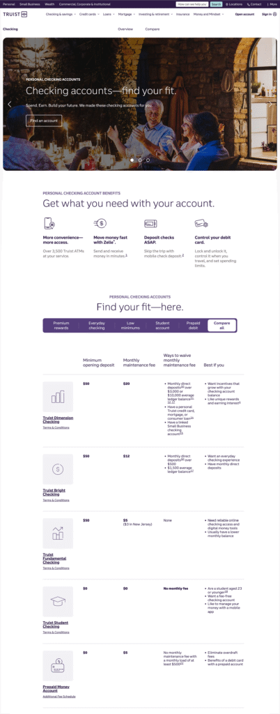 Screenshot of Truist.com Checking Products Landing Page
