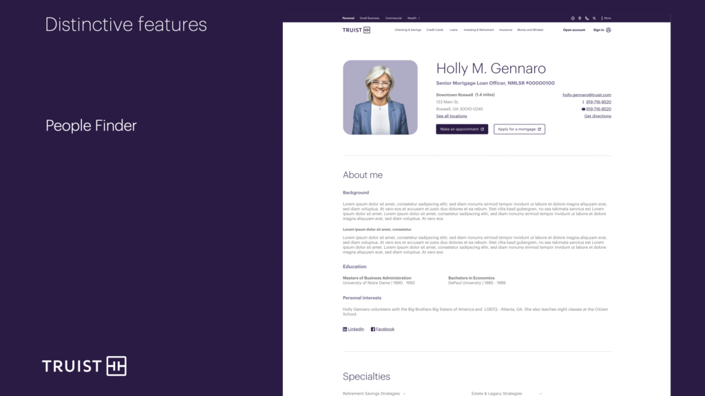 Presentation slide showing People Finder feature design